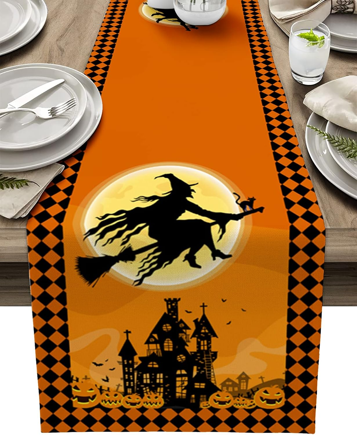 Halloween Flying Witch Cotten Linen Table Runner 13x108inch,Haunted House Non-Slip Burlap Table Cloth Runners for Family Dinner, Wedding, Banquet, Party, Creepy Movie Night Decorations, Full Moon