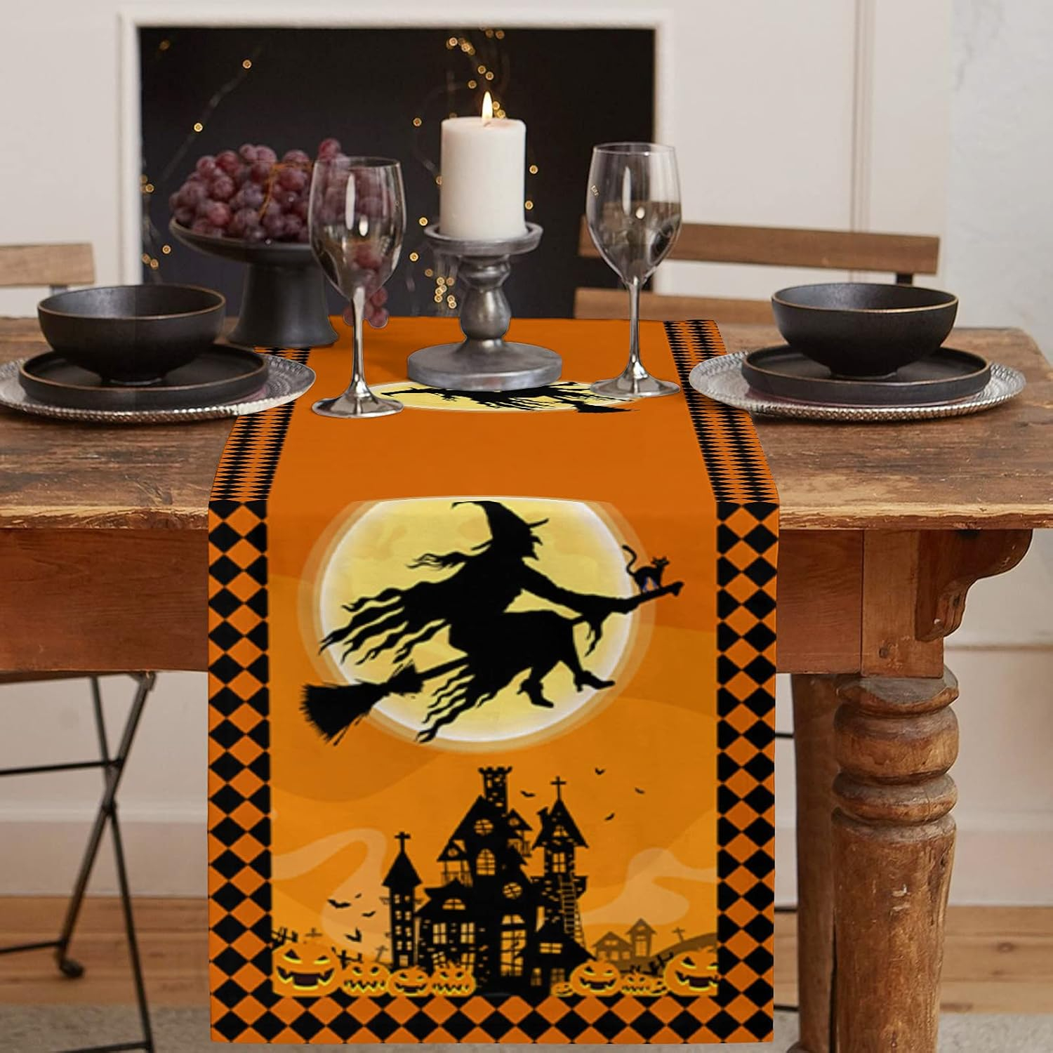 Halloween Flying Witch Cotten Linen Table Runner 13x108inch,Haunted House Non-Slip Burlap Table Cloth Runners for Family Dinner, Wedding, Banquet, Party, Creepy Movie Night Decorations, Full Moon - Image 3