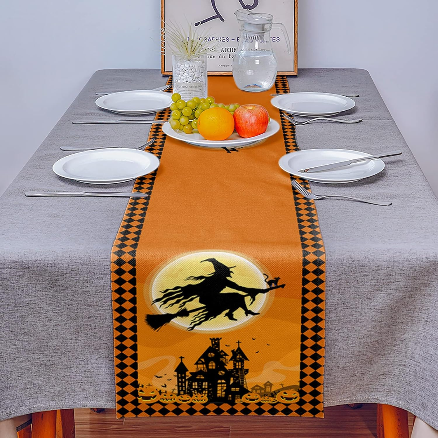 Halloween Flying Witch Cotten Linen Table Runner 13x108inch,Haunted House Non-Slip Burlap Table Cloth Runners for Family Dinner, Wedding, Banquet, Party, Creepy Movie Night Decorations, Full Moon - Image 6