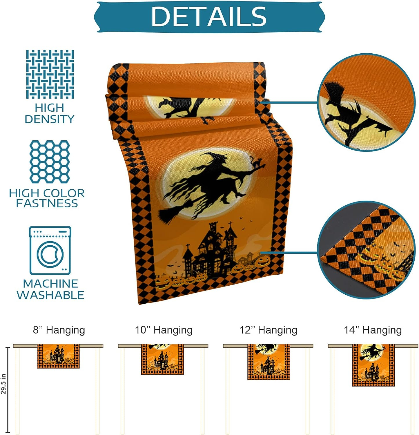 Halloween Flying Witch Cotten Linen Table Runner 13x108inch,Haunted House Non-Slip Burlap Table Cloth Runners for Family Dinner, Wedding, Banquet, Party, Creepy Movie Night Decorations, Full Moon - Image 4